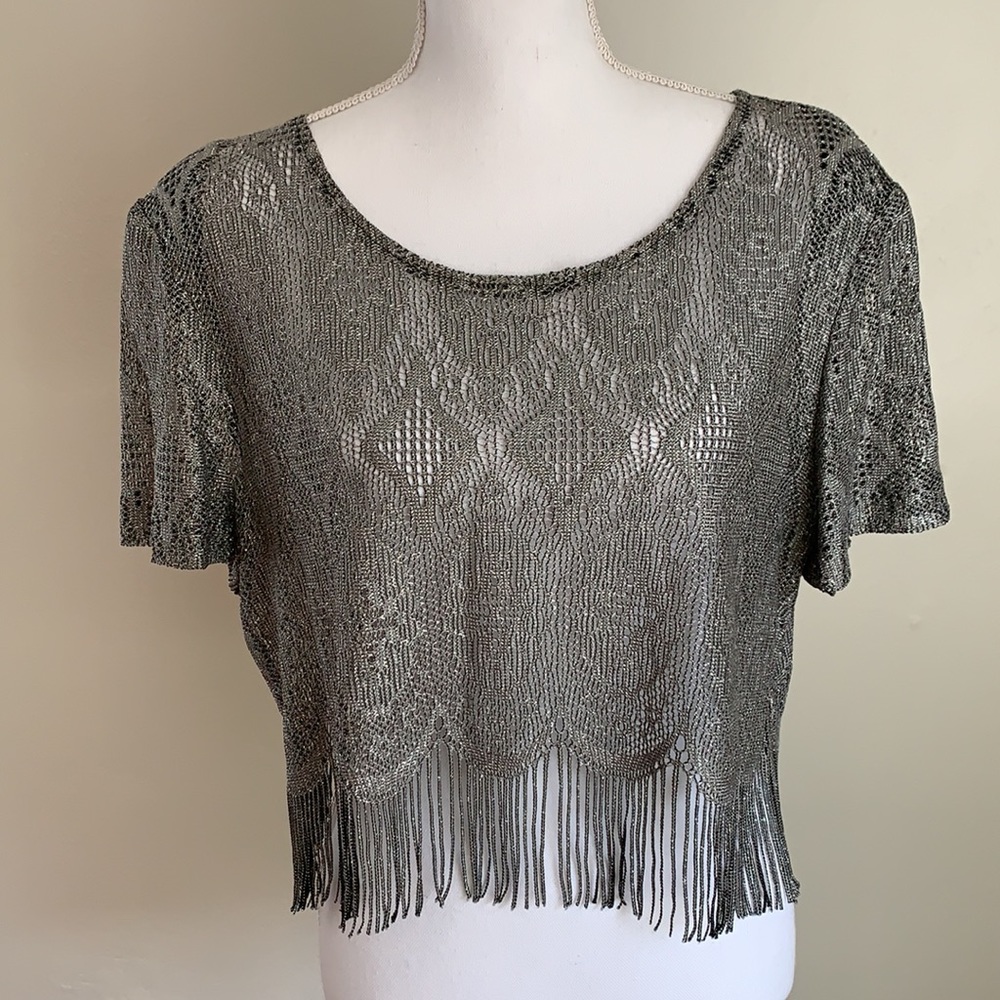 VINTAGE Metallic Lace Fringe Crop Top